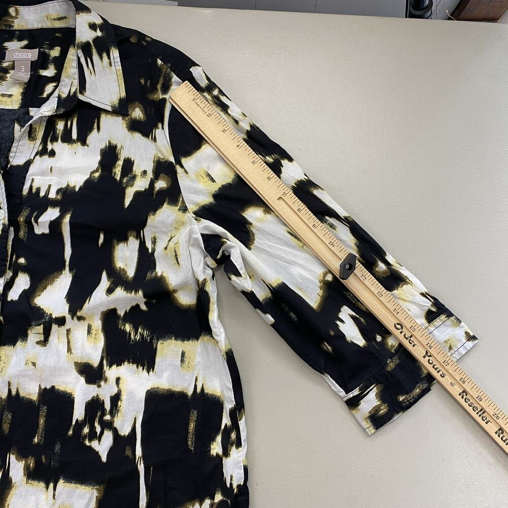 Chicos Top Size 3 Black Abstract Print Button Up Lightweight Neutral Artsy XL 1X - Picture 7 of 14